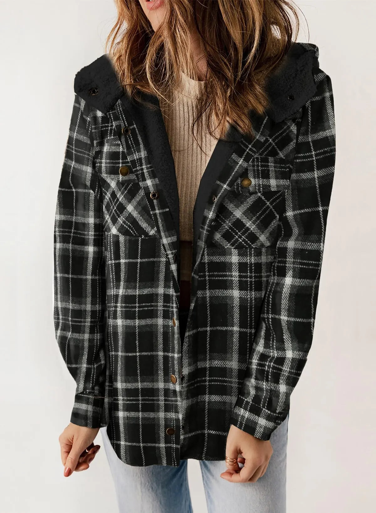 Women's Flannel Plaid Fleece Hooded Shacket (Buy 2 Free Shipping)