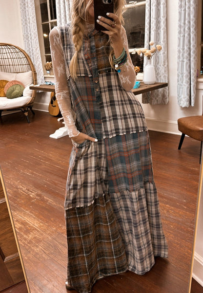 New Year Sale 50% OFF-Extra Wide Leg Plaid Button Jumpsuit