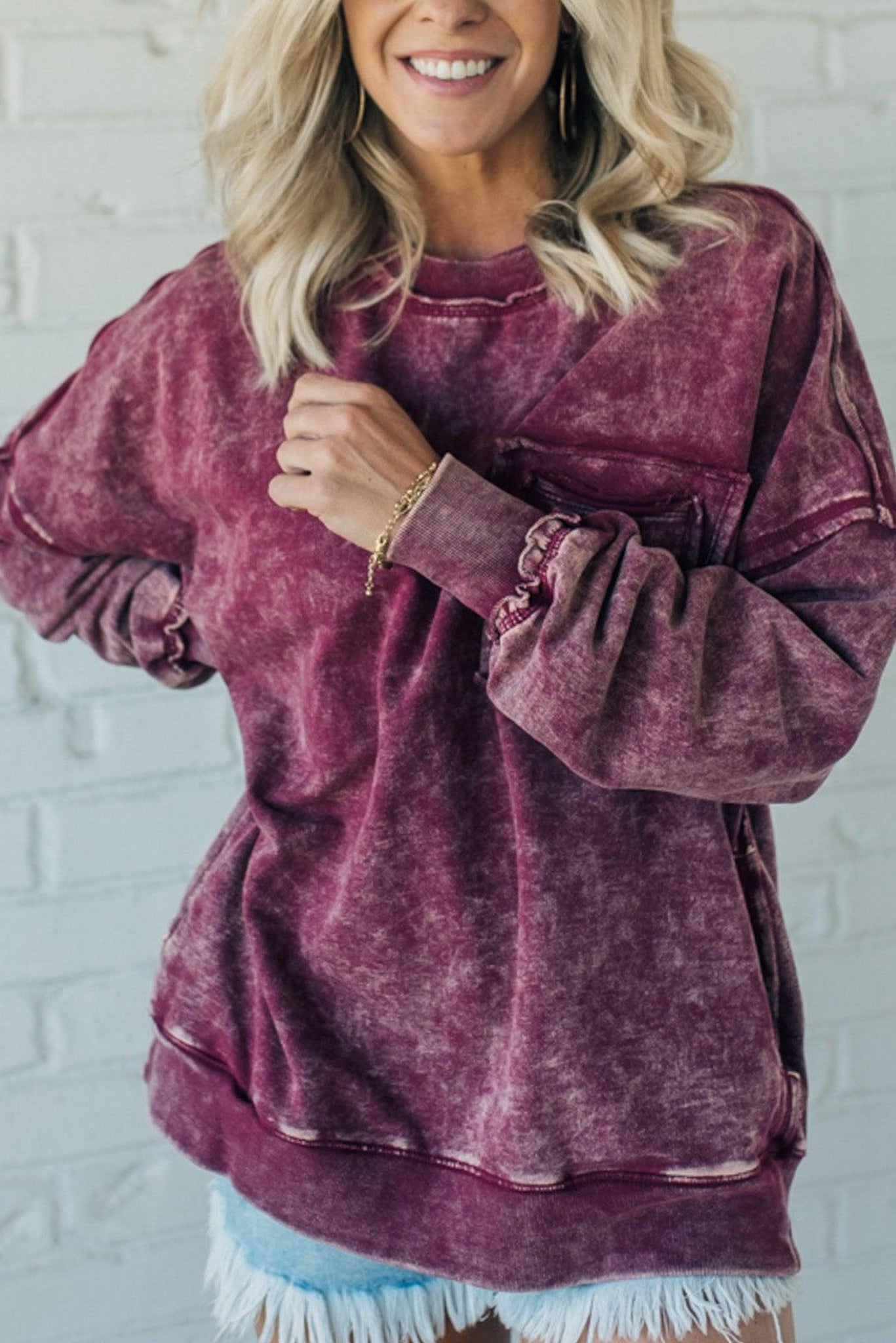 Women's French Terry Acid Wash Pullover (Buy 2 Free Shipping)