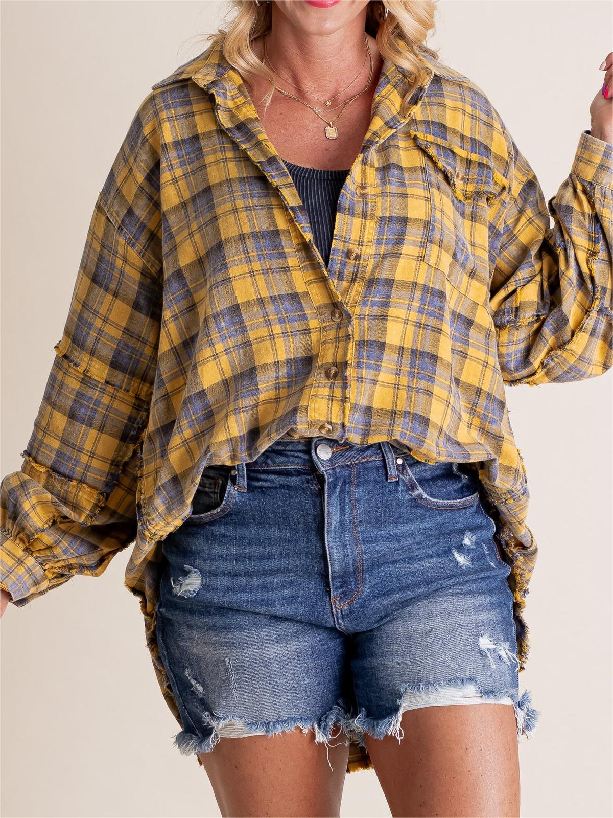 Women's Mineral Washed Button Down Plaid Shirt (Buy 2 Free Shipping)