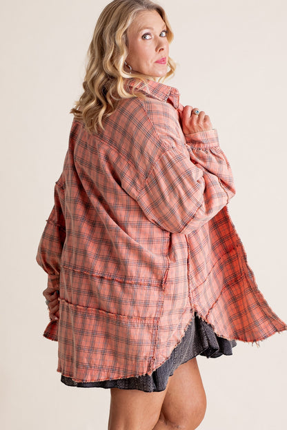 Women's Mineral Washed Button Down Plaid Shirt (Buy 2 Free Shipping)