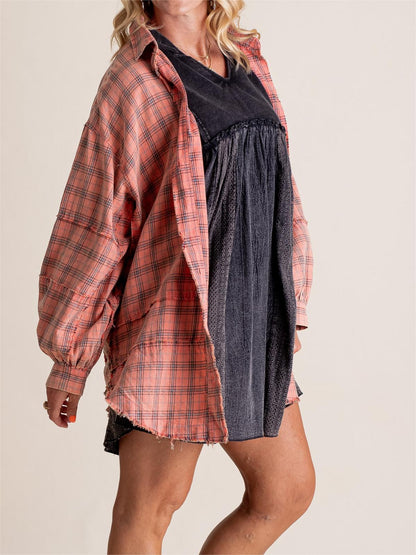 Women's Mineral Washed Button Down Plaid Shirt (Buy 2 Free Shipping)