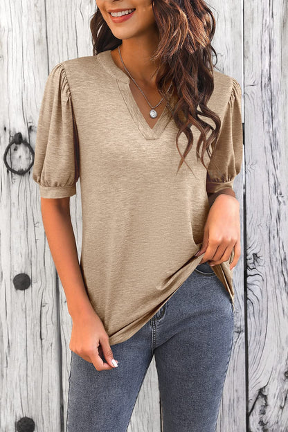 Women's V Neck Puff Sleeve Basic T-shirt