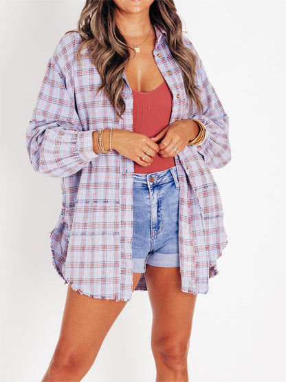 Women's Mineral Washed Button Down Plaid Shirt (Buy 2 Free Shipping)