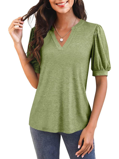 Women's V Neck Puff Sleeve Basic T-shirt