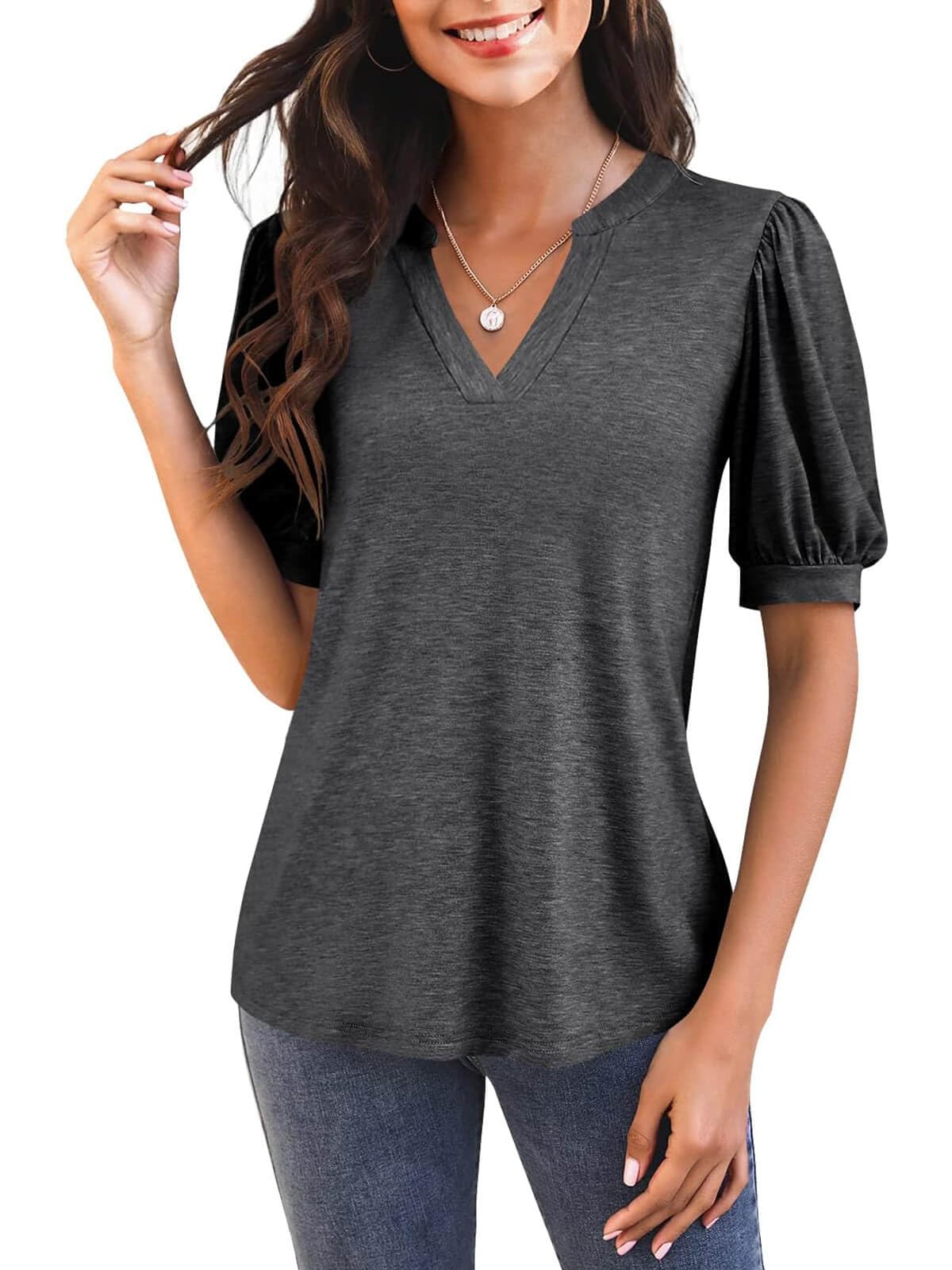 Women's V Neck Puff Sleeve Basic T-shirt