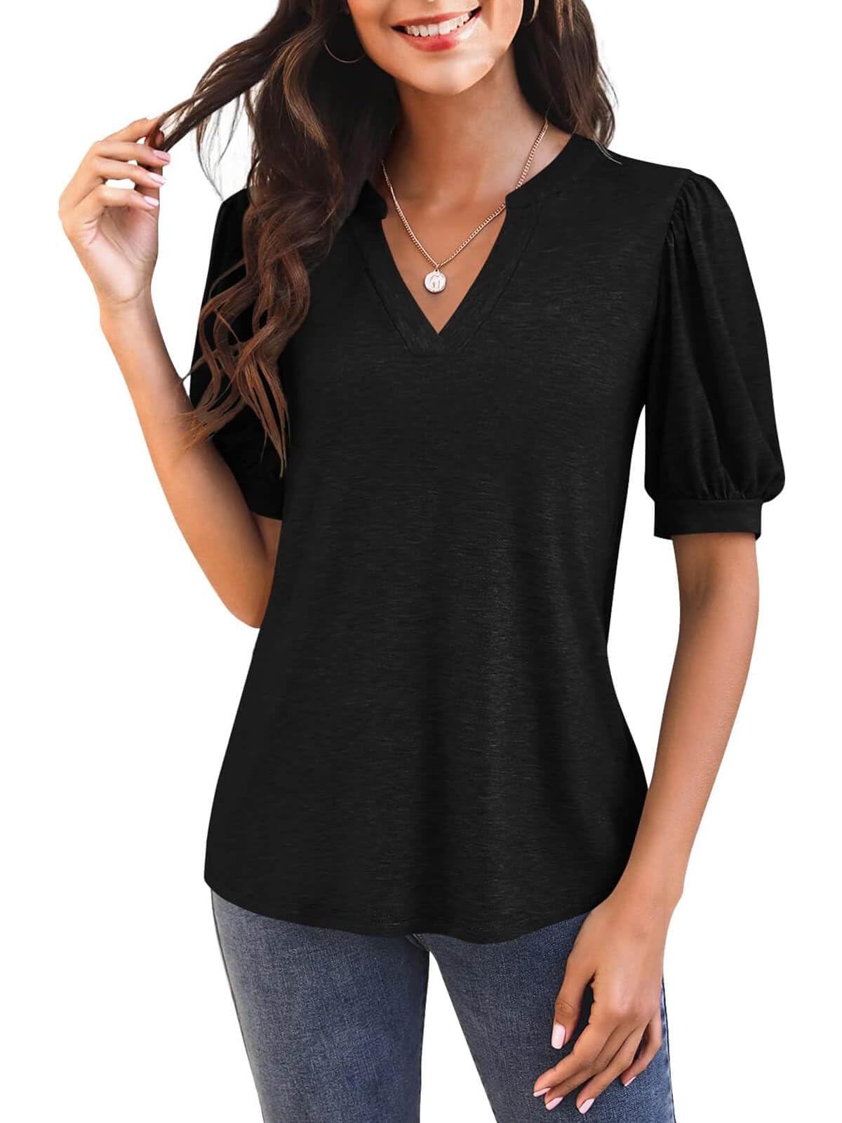 Women's V Neck Puff Sleeve Basic T-shirt