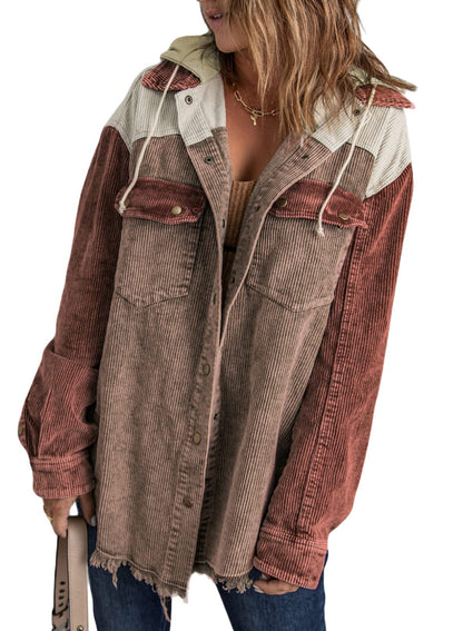 Women's Color Block Corduroy Hooded Jacket (Buy 2 Free Shipping)