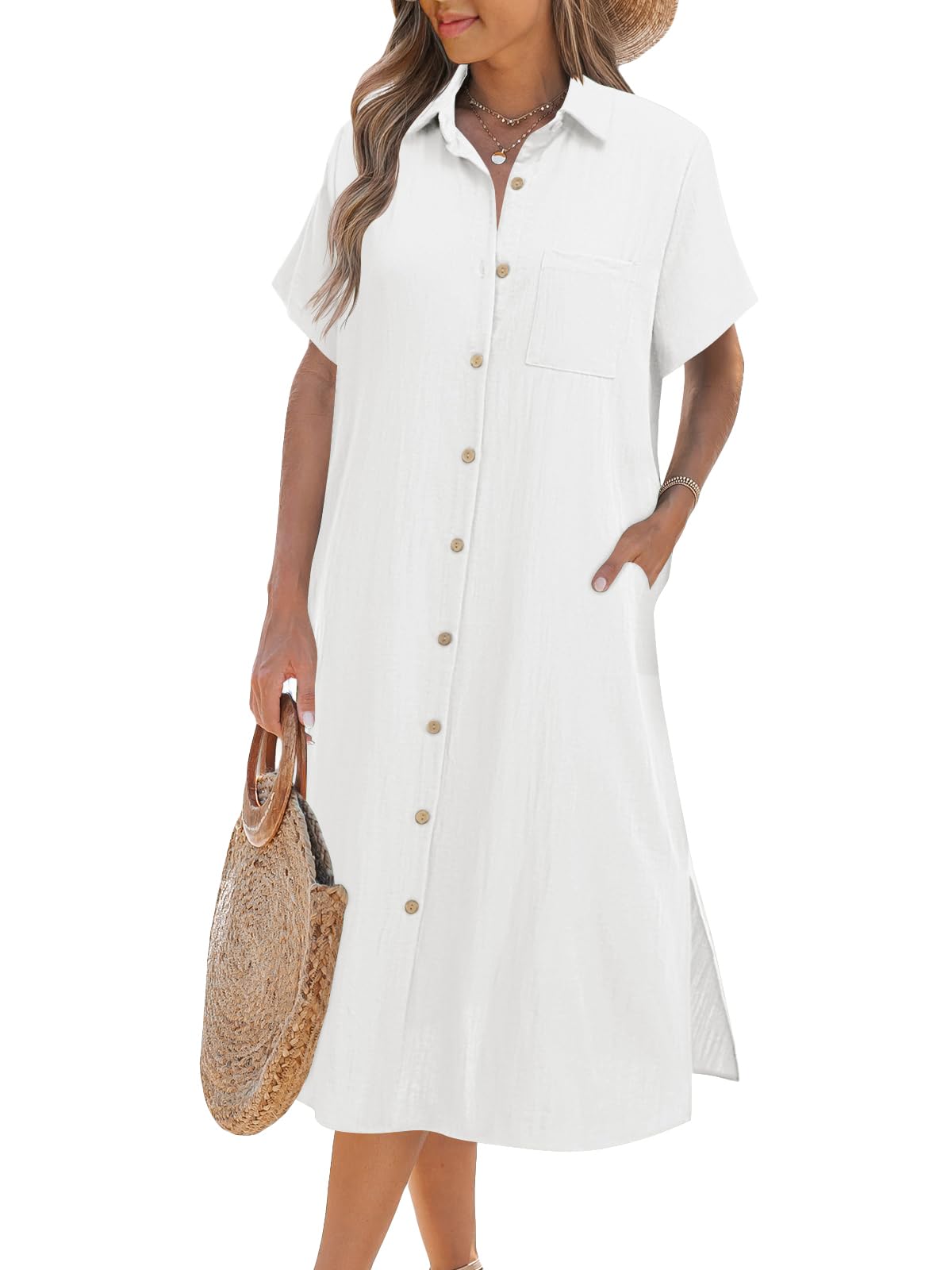 Women's Short Sleeve Button Shirt Dress (Buy 2 Free Shipping)