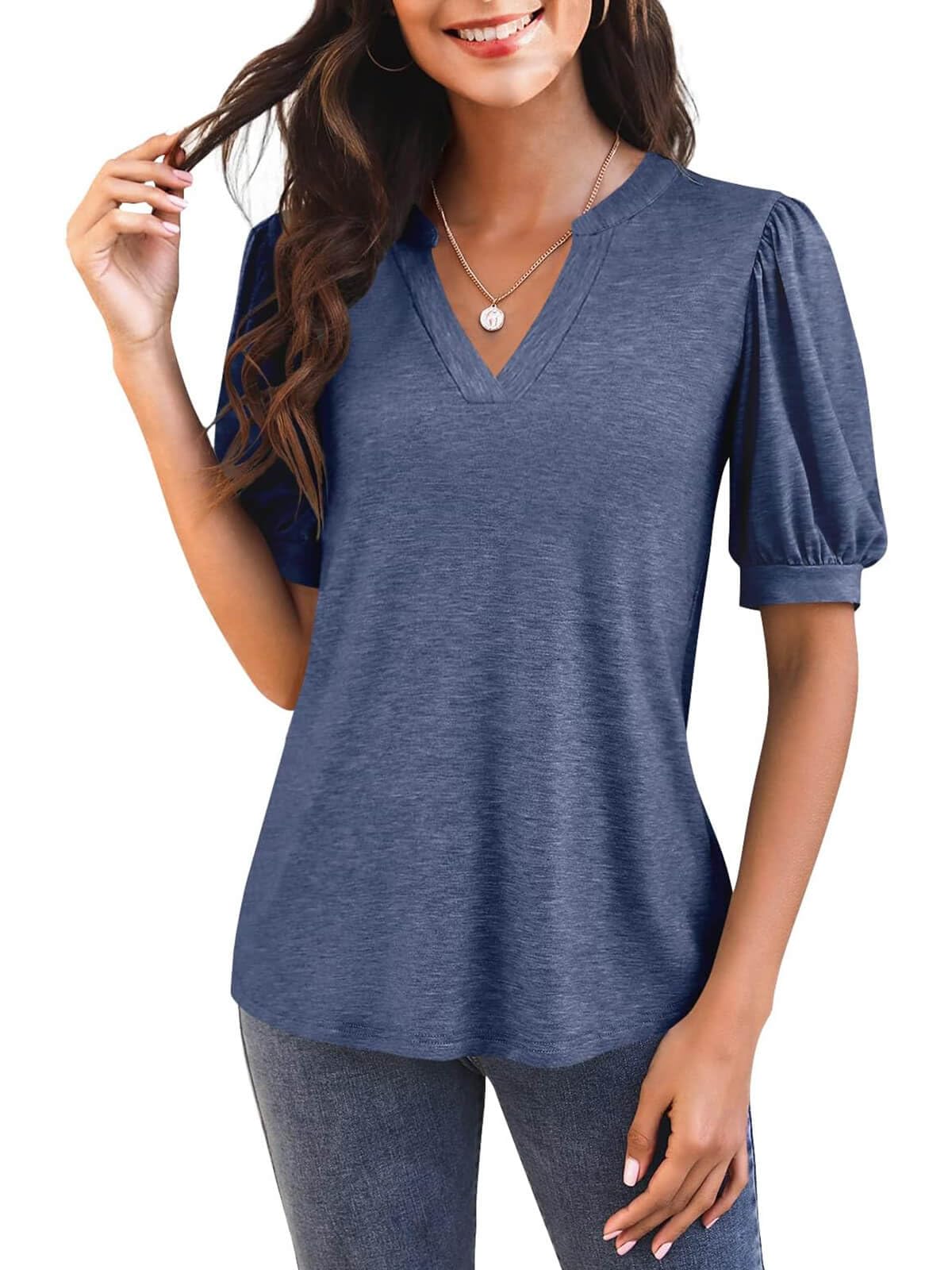 Women's V Neck Puff Sleeve Basic T-shirt