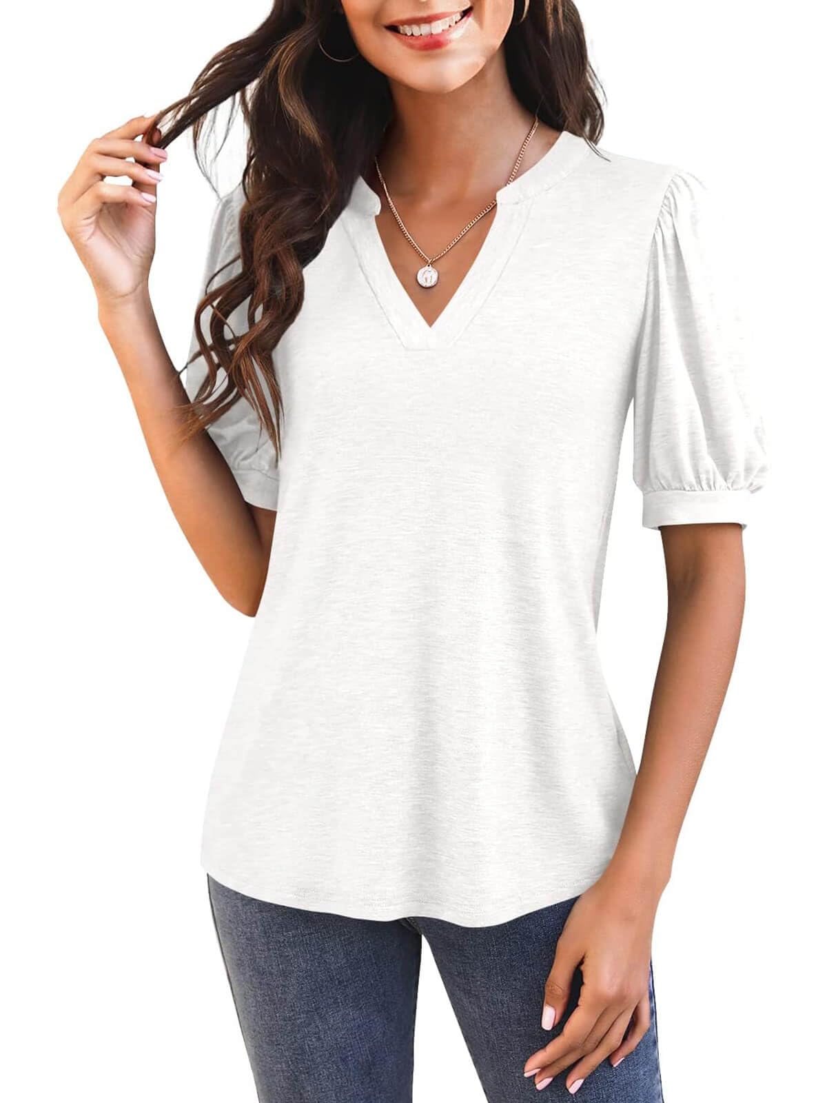 Women's V Neck Puff Sleeve Basic T-shirt