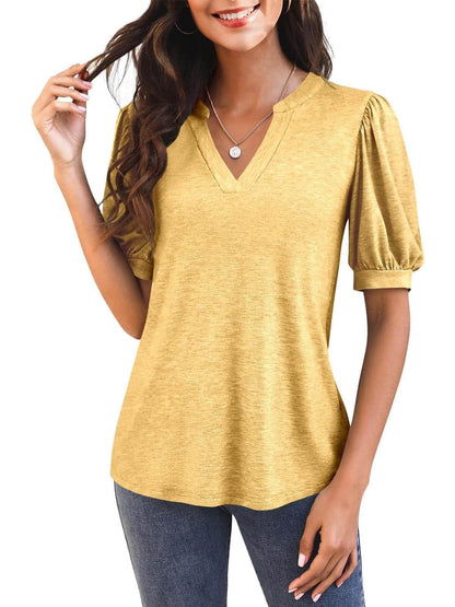 Women's V Neck Puff Sleeve Basic T-shirt