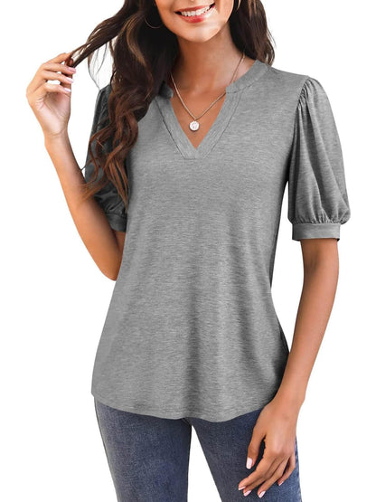 Women's V Neck Puff Sleeve Basic T-shirt