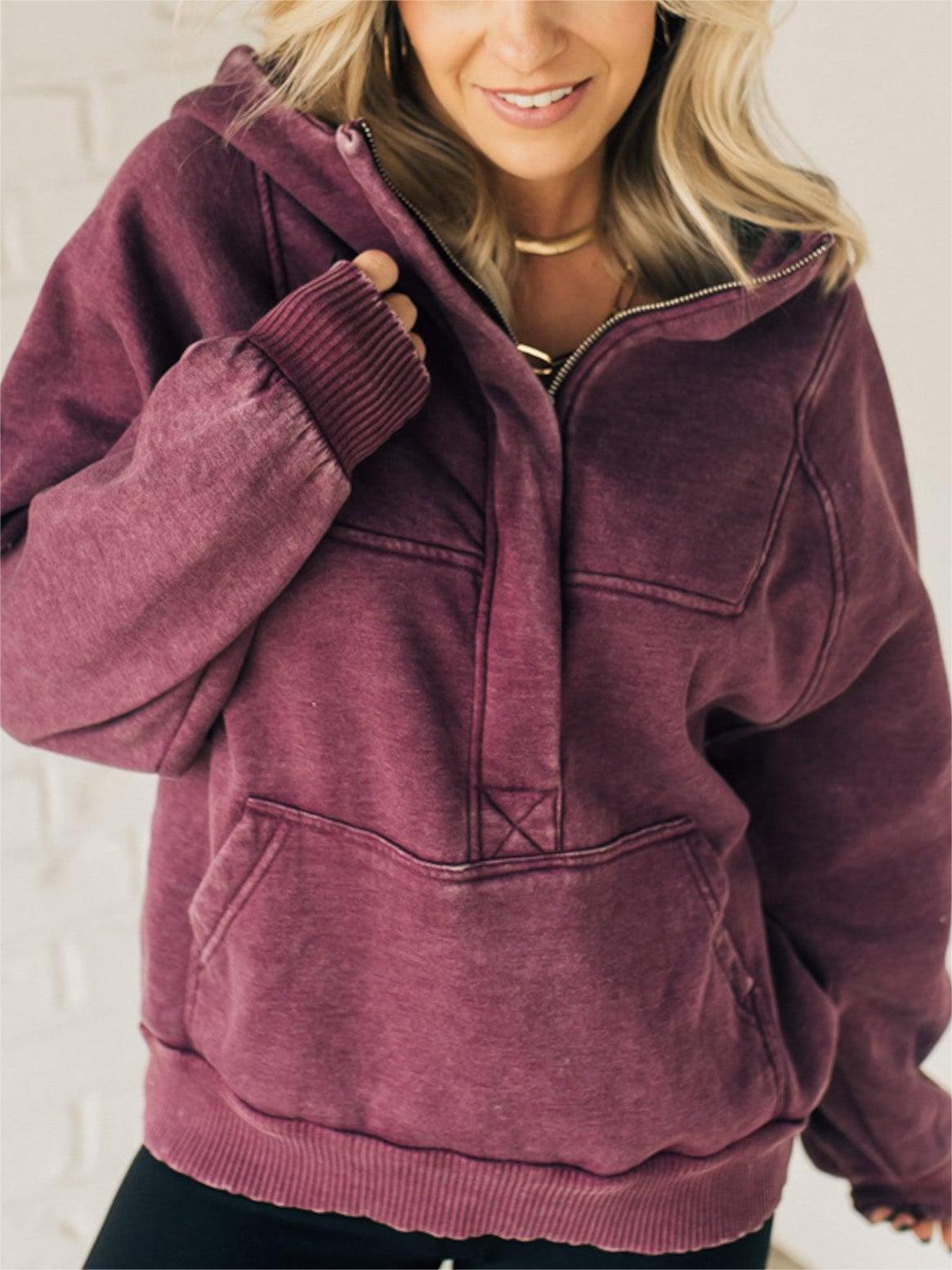 Women's 3/4 Zip Acid Wash Fleece Hoodie (Buy 2 Free Shipping)