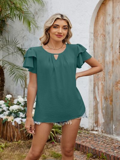 Cutout Round Neck Short Sleeve Blouse