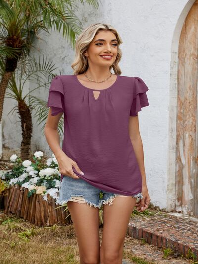 Cutout Round Neck Short Sleeve Blouse