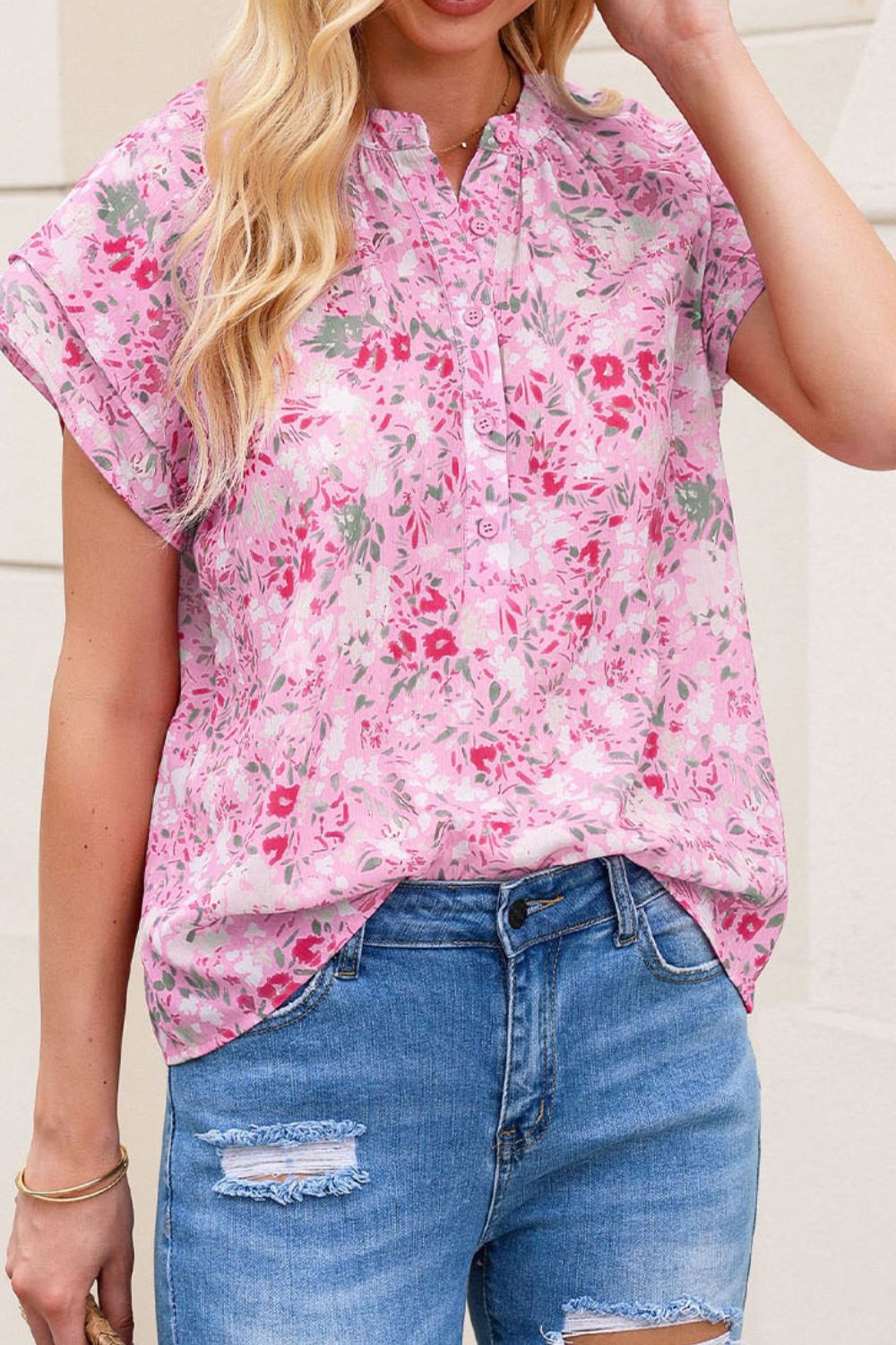 Pink Floral Print Flutter Sleeve Blouse