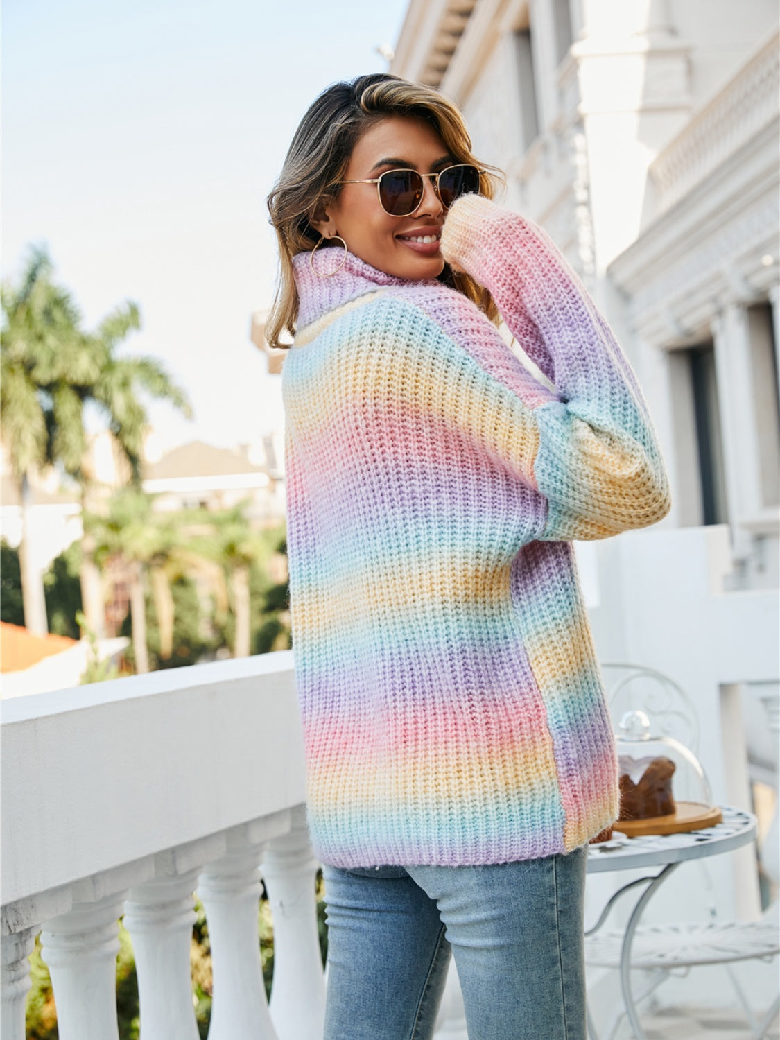 Multi-color Ombre Turtleneck Dropped-Shoulder Sweater