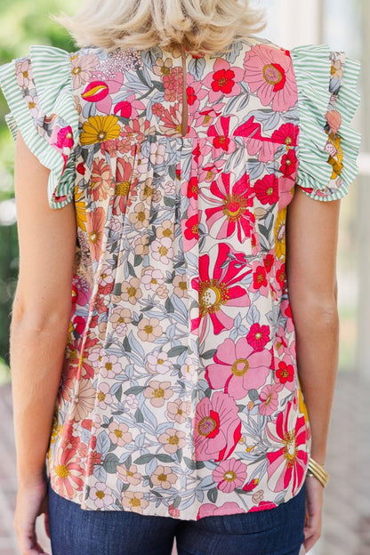 Floral Print Ruffled Cap Sleeve Blouse with Frilled Details