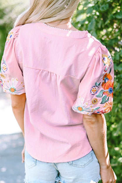 Dusty Pink Floral Embroidered Puff Sleeve Blouse