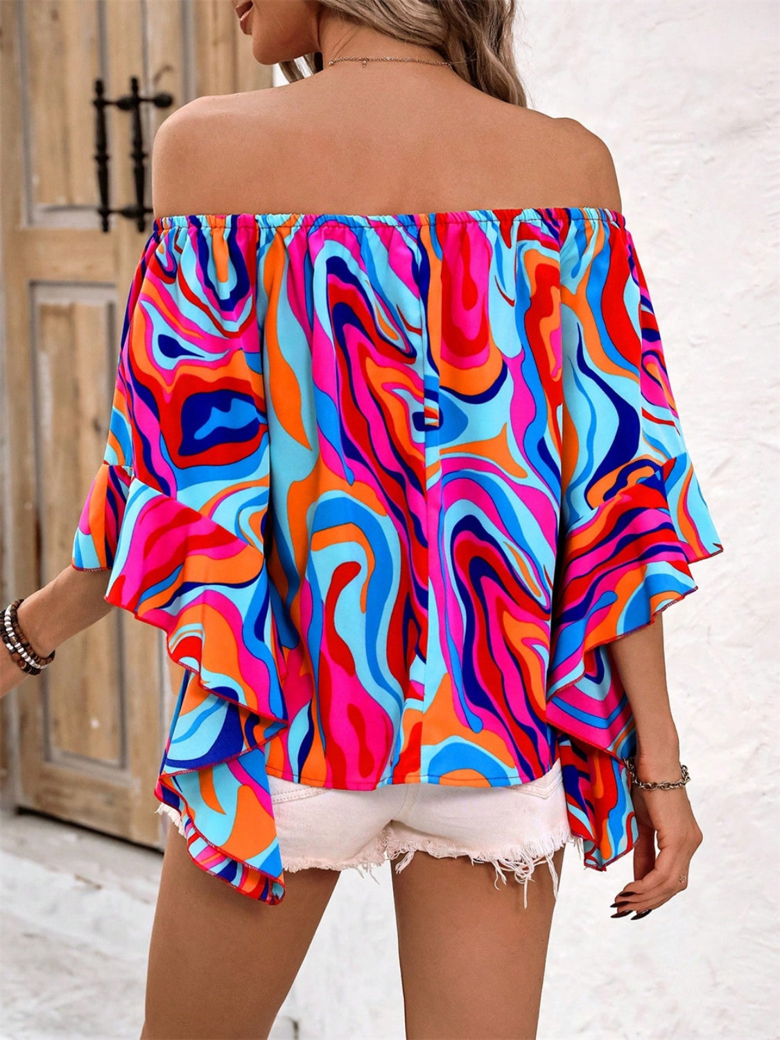 Multi-Color Abstract Print Off-Shoulder Blouse