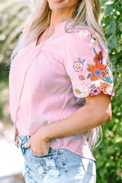 Dusty Pink Floral Embroidered Puff Sleeve Blouse