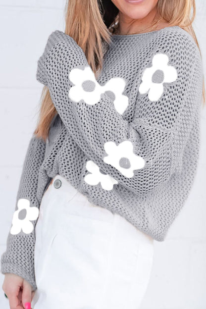 Flower Boat Neck Long Sleeve Knit Cover Up