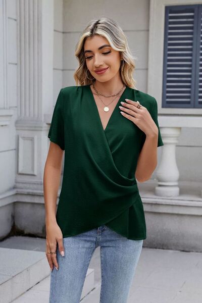 Solid Color Surplice Short Sleeve Blouse