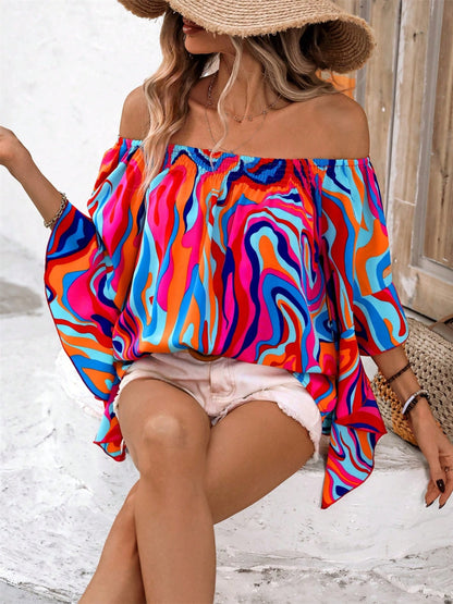 Multi-Color Abstract Print Off-Shoulder Blouse