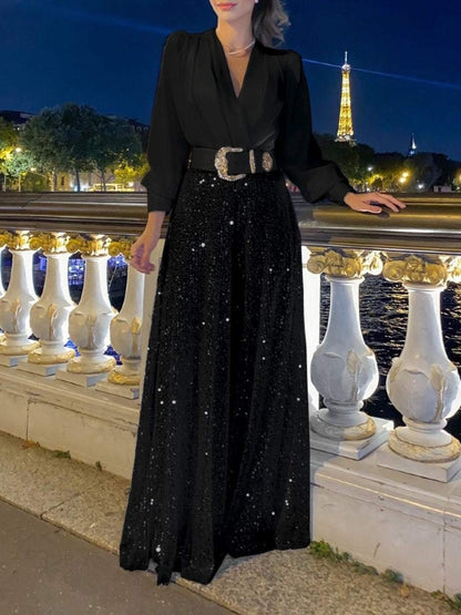 Stylish V-Neck Long Sleeve Shirt & Sequin Wide Leg Pants Set