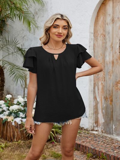 Cutout Round Neck Short Sleeve Blouse