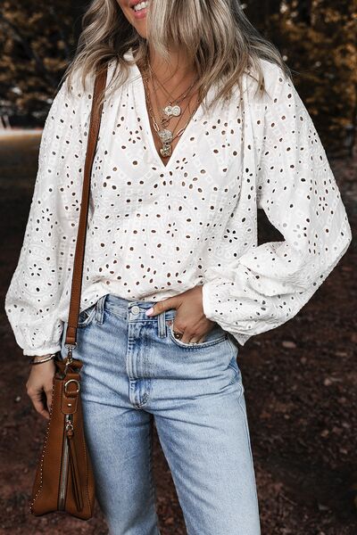 Eyelet V-Neck Long Sleeve Blouse