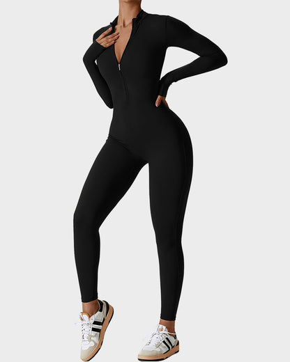 Lightweight Zipper Front Fitted Workout Jumpsuit