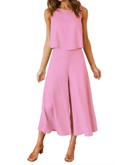 Women's Sleeveless Tank Crop Top Wide Leg Flowy Pants Set (Buy 2 Free Shipping)