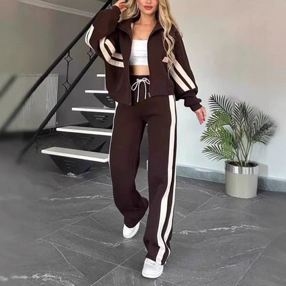 Women's Striped Zipper Jacket & Casual Pants 2-Piece Set