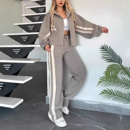 Women's Striped Zipper Jacket & Casual Pants 2-Piece Set