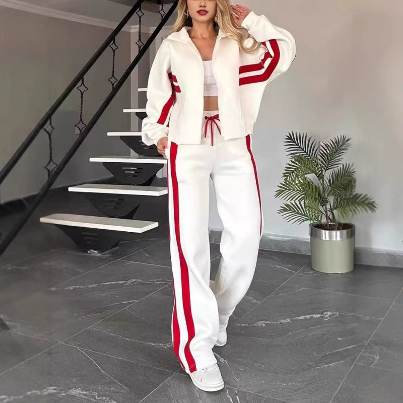 Women's Striped Zipper Jacket & Casual Pants 2-Piece Set