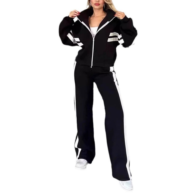 Women's Striped Zipper Jacket & Casual Pants 2-Piece Set